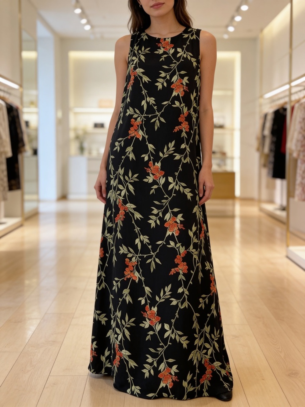 Valerie Stevens Floral Maxi Dress Black Orange Sleeveless Silk Size 10 Elegant - Picture 2 of 11